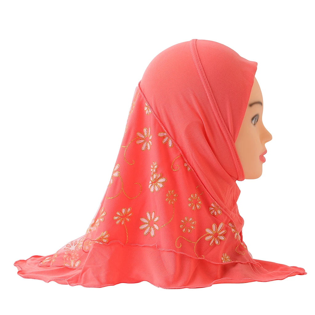 H043 beautiful small girl hijab with flower net cute hijab hats women's caps can fit 2-6 years old girls muslim baby headscarf