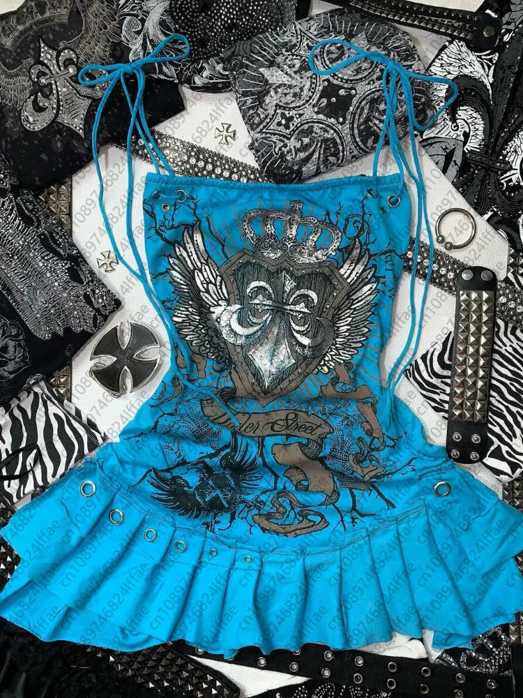 Y2K Girl Camisole Dress Top Y2K Clothes Blue Gothic Bow Slim Fit Underwear Personality New Versatile