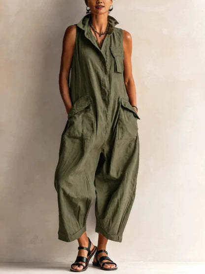 Jumpsuits Women Rompers Summer Fashion Sleeveless Lapel Loose Comfortable Solid Pocket Vacation Casual Jumpsuits Womens Clothing