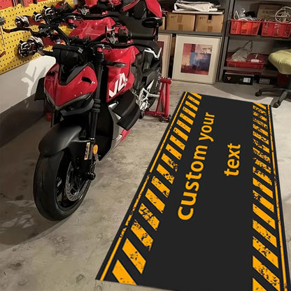 VIKAMA Motorcycle Garage Floor Mat, Warning Stripe Oil-Resistant Workshop Rug, Personalized Biker Decor Carpet