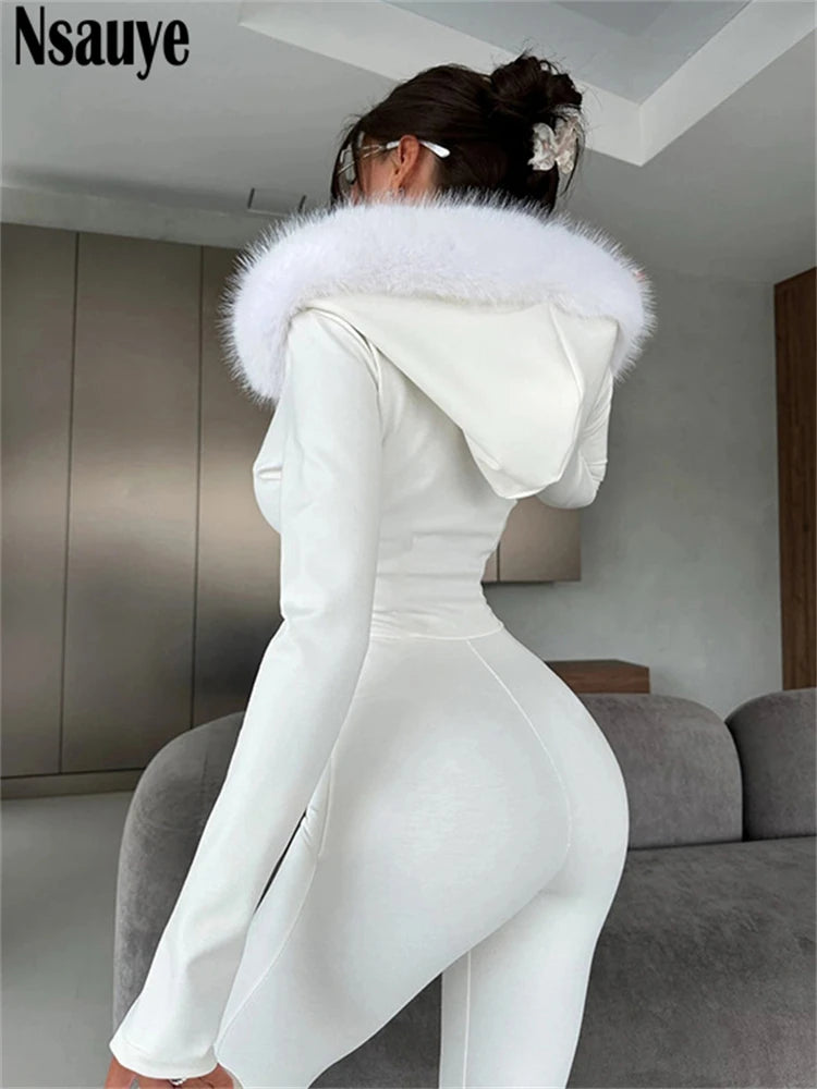 Nsauye Jumpsuits Women Long Sleeve Pullover Faux Fur Hoodies Skinny One Pieces Overalls Sexy Clubwear Sport Y2K Jumpsuit Rompers