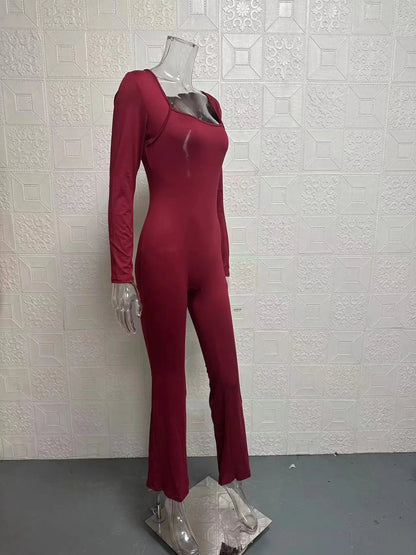 Foreign Trade Women's Long Sleeved Waist Cinching and Waist Lifting Square Collar Wide Leg High Elastic Jumpsuit