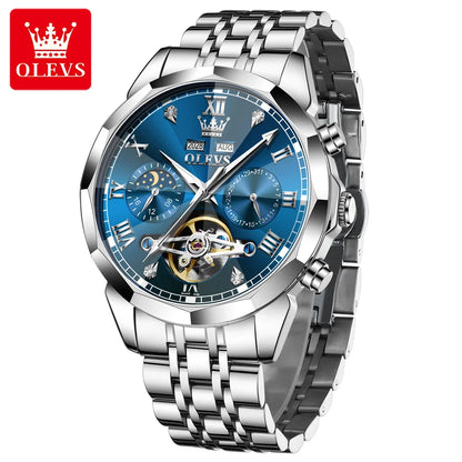  OLEVS Automatic Mechanical Watch for Men Tourbillon Moon Phase Diamond Dial Stainless Steel Strap Waterproof Men Wristwatch