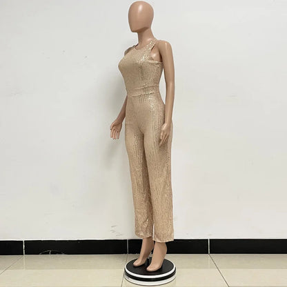 Bling Bling Sequined Club Jumpsuit Sexy Women O-neck Elegant Shiny Sliver Gold Sequins Straight Romper Overalls