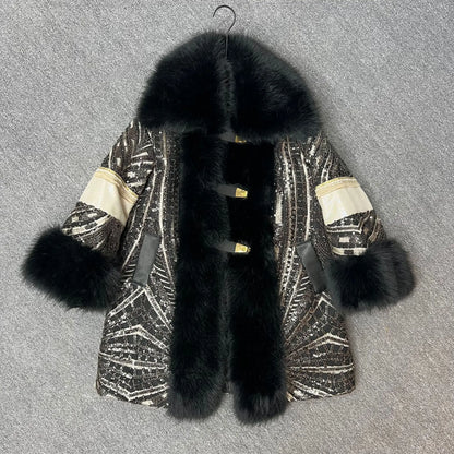 2025 Autumn Winter New Faux Fox Fur Coat Fashionable Stylish Korean Version Heavy Sequins Trendy Women's Jacket Furry Coat