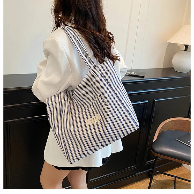 Contrast Color Stripes Women Shoulder Bags Versatile Ladies Large Capacity Tote Bag Lightweight Portable Female Shopping Handbag
