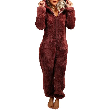 Women Winter Warm Plush Romper Pajamas Solid Color Long-Sleeve Zipper High Neck Hooded Homewear S/M/L/XL/2XL