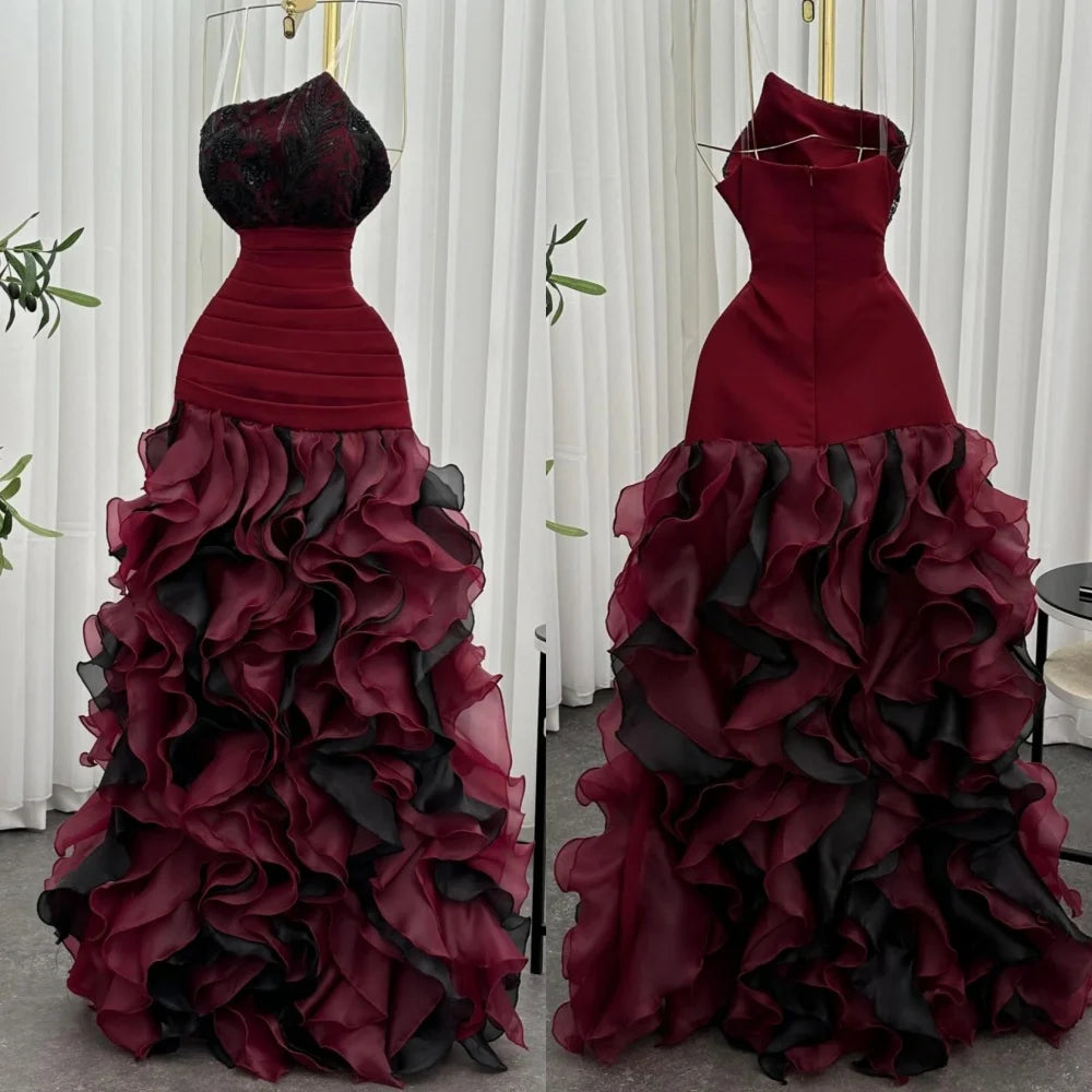 Customized Modern Style Organza Sequined Pleat A-line Strapless Long Dresses Bespoke Occasion Fashion Sexy