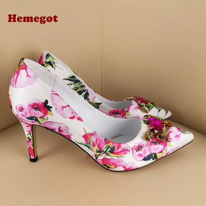 Print Flower Gemstone Pumps Pointy Toe Stiletto Heels Shallow Women's Pumps Colorful Crystals Sexy Elegant Shoes 2025 New Luxury