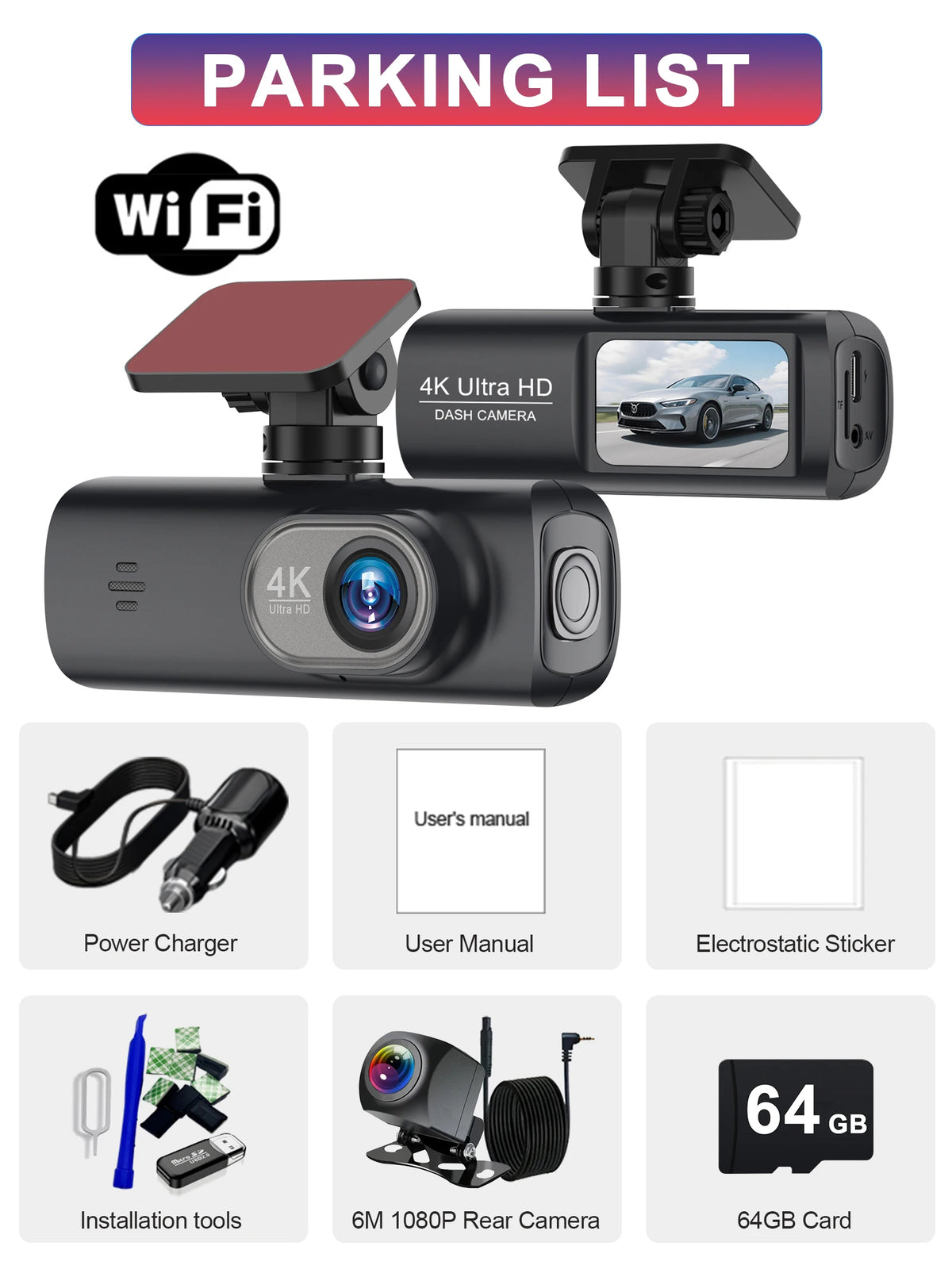 Dash Cam 4K Dual Lens Recording Car Camera DVR Night Vision Video Recorder Built-In Wi-Fi Support 24H Parking Monitoring Black Box Free 64GB Card