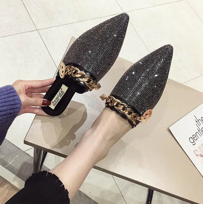 2025 New Summer Shoes for Women Luxury Slipper Girl Bling Crystal Chain Casual Flat Sandals Girl Pointed Toe Slides