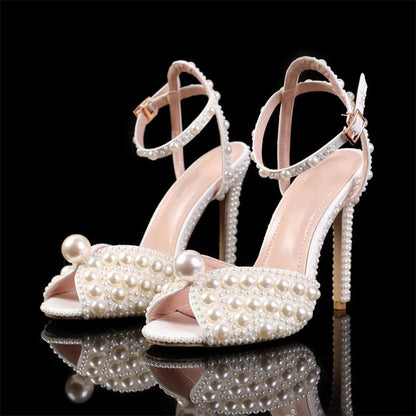 Luxury Handmade Pearl Peep Toe Women Sandals Fashion Summer Wedding Princess Thin High heels Elegant Party Prom Bridal Shoes