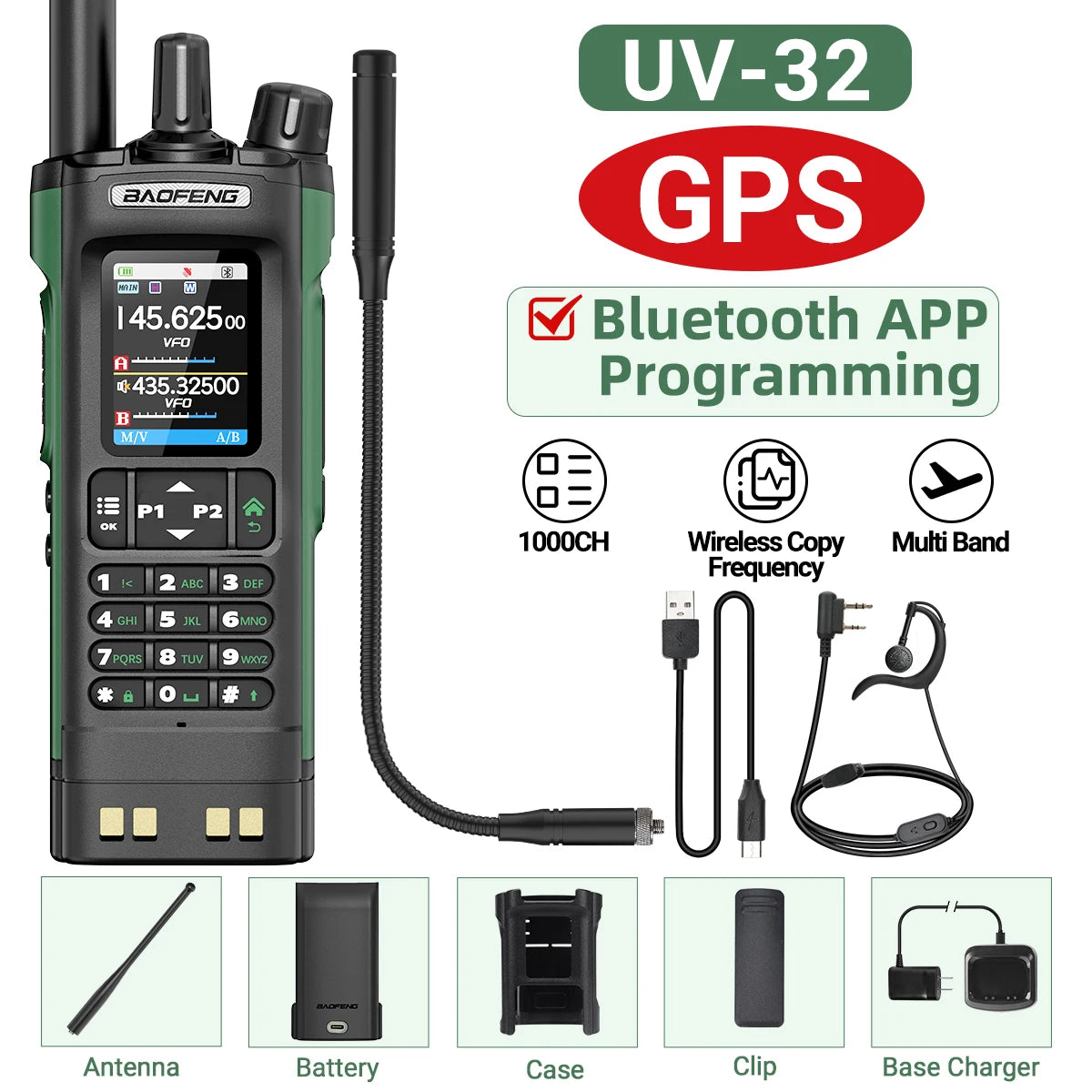 BAOFENG UV-32 GPS Walkie Talkie 10W Air Band Bluetooth Programming Wireless Copy Frequency Full Band FM Long Range Two Way Radio