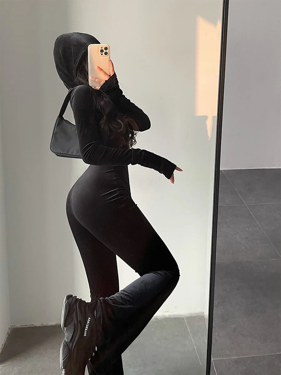 WOMENGAGA Fashion Black Velvet Slim Hooded Zipper Long Sleeve Flare Pants Jumpsuit Rompers Korean Sexy Hot Tops 2022 9P64