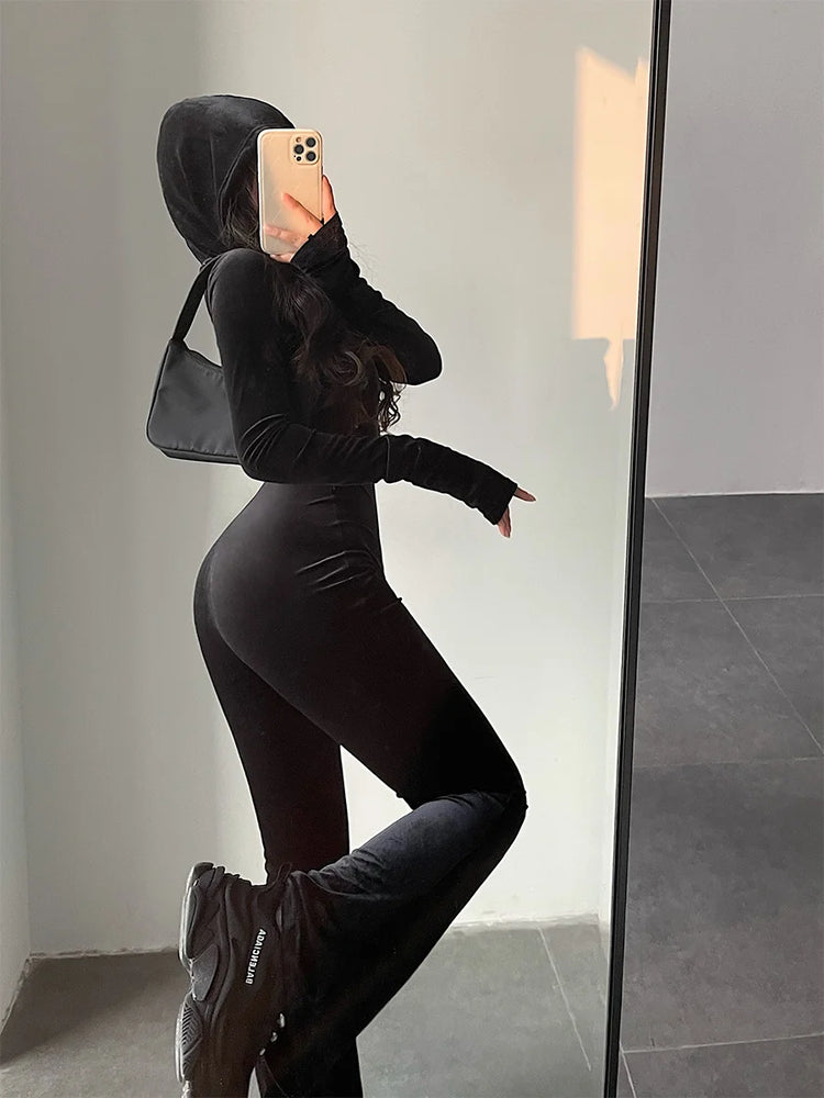 WOMENGAGA Fashion Black Velvet Slim Hooded Zipper Long Sleeve Flare Pants Jumpsuit Rompers Korean Sexy Hot Tops 2022 9P64