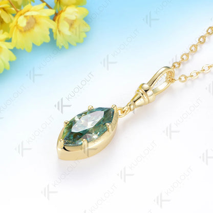 Kuololit 2CT Cyan Moissanite Marquise Necklace for Women14K 10K 925Sliver Yellow Gold Pendant with Chain for Party Classic Gift