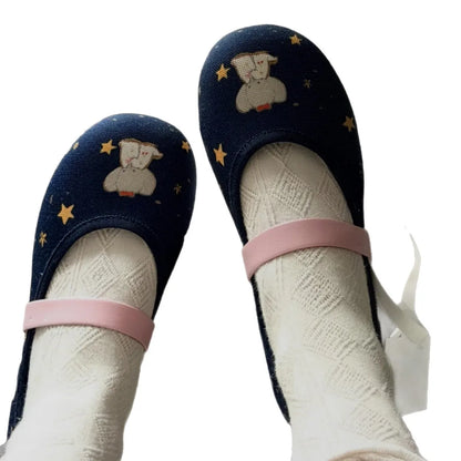 Denim Elephant Print Mary Jane Shoes For Women, Round Toe, Flat Ballet Shoes With a Shallow Neckline