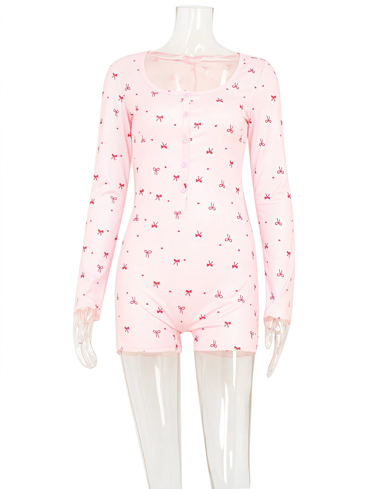 Ahagaga Fashion Women's Playsuits Print Regular Long Sleeves O-Neck Skinny Slim Fit Buttons Causal Sleepwear Female Rompers