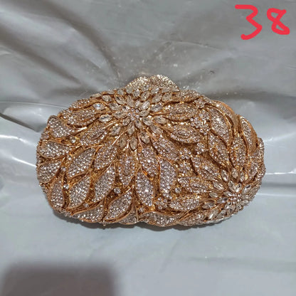 Gold Metal Leaves White Crystals Evening Clutch Bags Luxury Women Wedding Party Purse Ball Handbags Rhinestone Mini Minaudiere