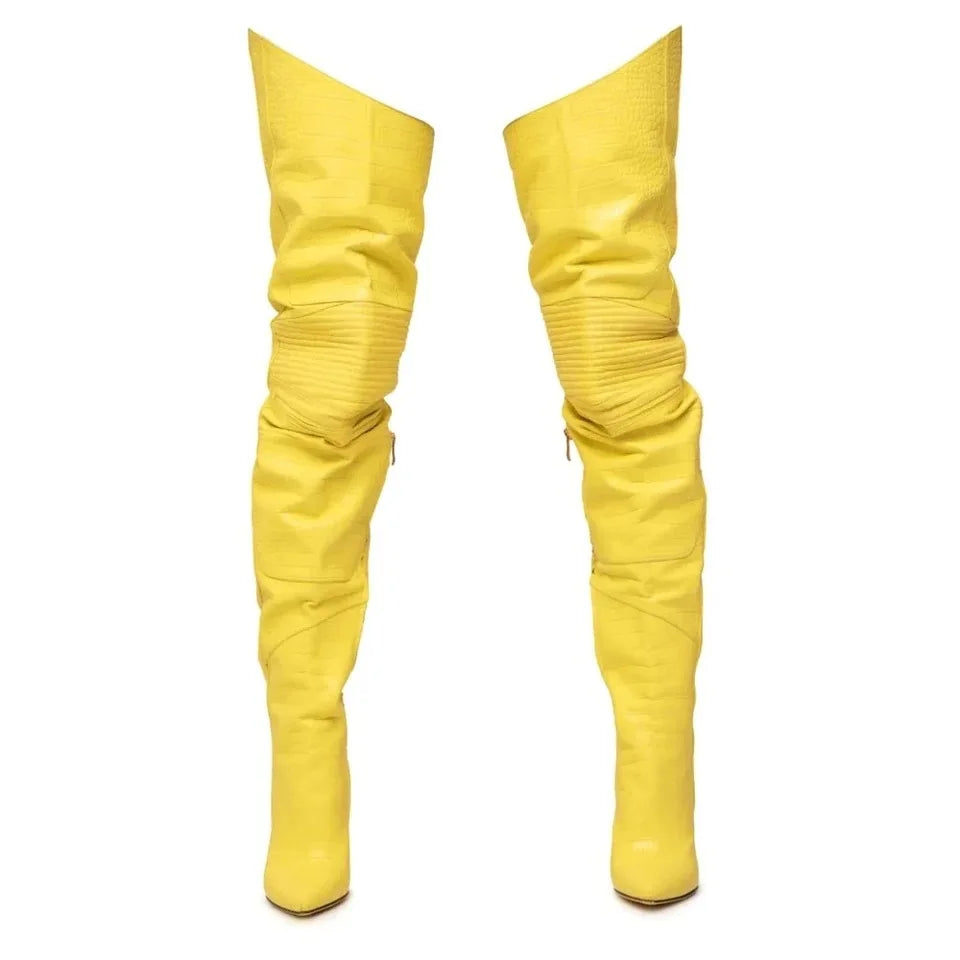 Fashion Leather Pointed Toe Zip Boots Women Design Sexy Stiletto High Heel Knee High Boots Lady Shoes Party Fall Luxury