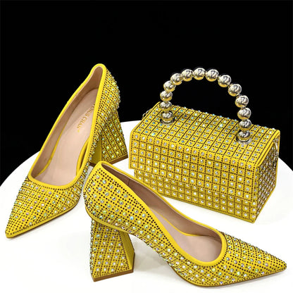 Venus Chan-Nigerian Heel Party for Women Yellow Shoes and Bag Set Rhinestone Handbag Italian Design Wedding INS 2024