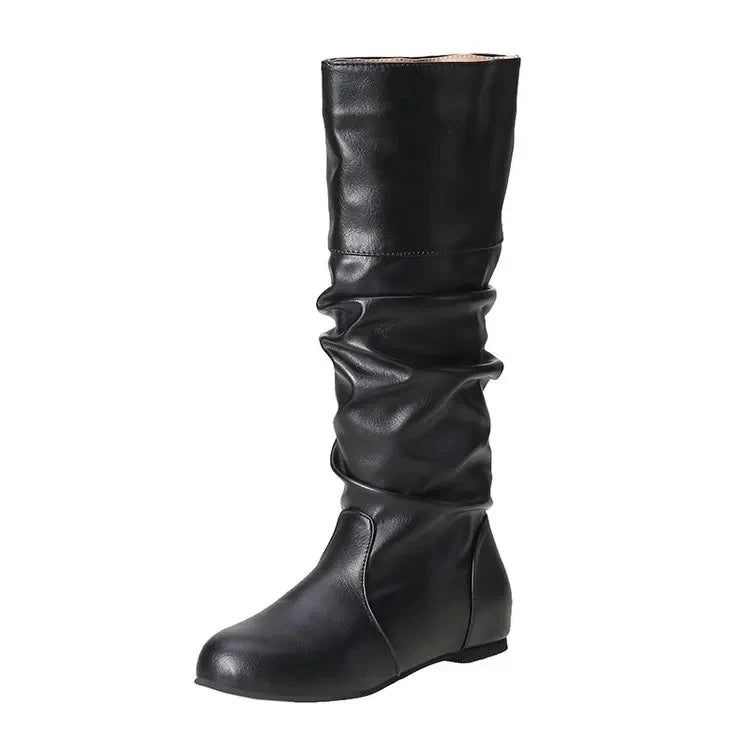 2025 New Women Flat Boots Fashion Pleated Leather Boots Autumn Winter Slip on Mid-Calf Shoes for Women Brand Designer High Boots