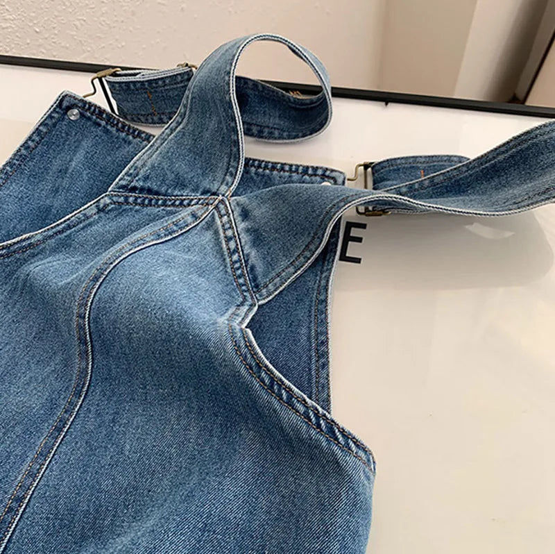 Women Denim Overalls Vintage Streetwear Loose Jumpsuit Korean Straight Wide Leg Pants Casual Jeans All Match Trousers
