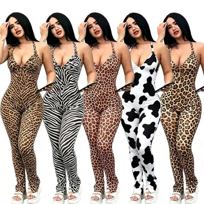 Doyerl Leopard Print Women's Jumpsuits and Rompers Sleeveless Halter V-neck Backless Ruched Skinny Club Party One Piece Overalls