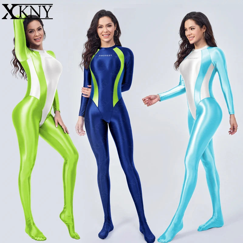 AMORESY satin Glossy Tights Long sleeved color blocked tight jumpsuit XClocKNYoung series Hot Spring Sports Yoga Tights