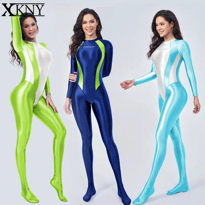 AMORESY satin Glossy Tights Long sleeved color blocked tight jumpsuit XClocKNYoung series Hot Spring Sports Yoga Tights