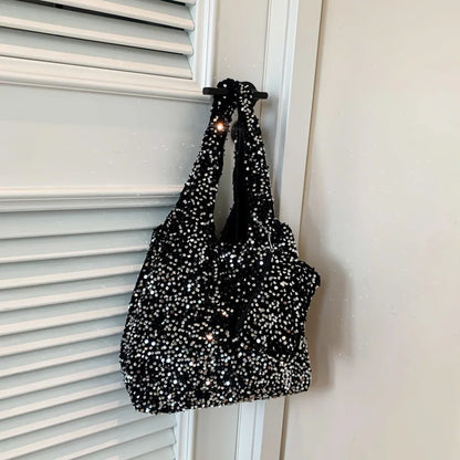 Tote Bag for Women Sequin Shoulder Bag Trendy Hobo Bag Luxury Designer Handbag Slouchy Underarm Bag for Work Travel Shopping