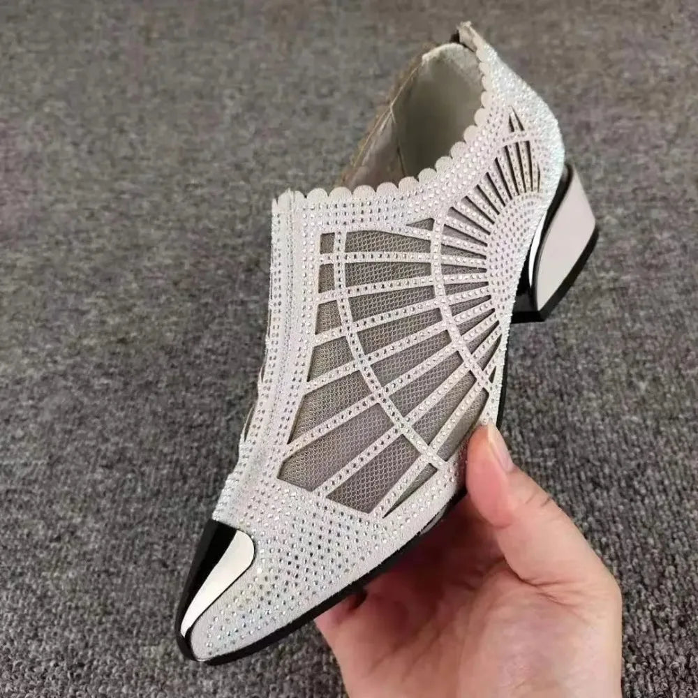 Women's Pointed Toe Sandals Luxury Breathable Mesh Bowknot Rhinestone Clear Elegant Mid-Heeled Simple Pump Shoes Mesh Sandals