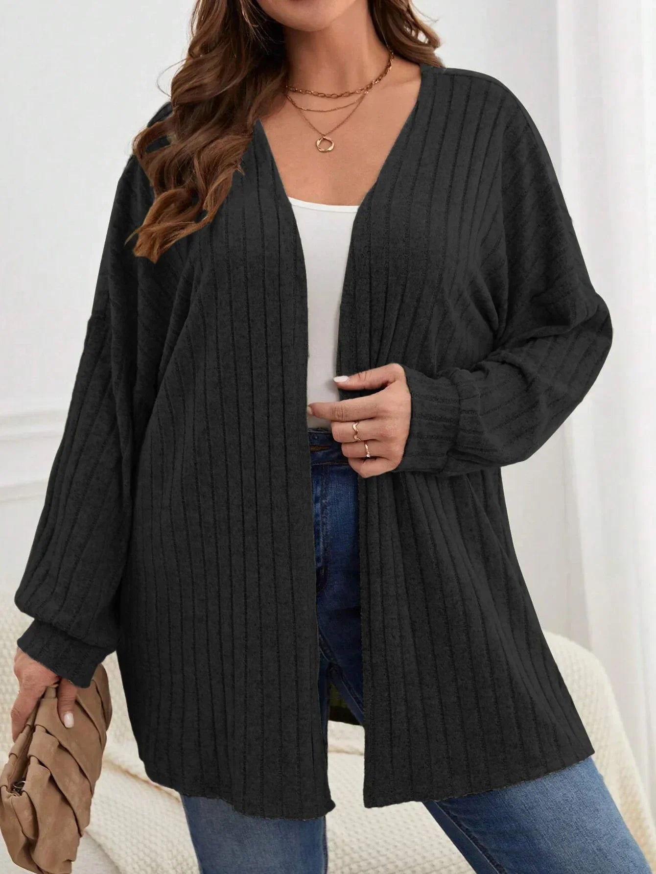 Autumn and Winter  Plus Size Women's 1XL-5XL Solid Color Loose Cardigan Top Women's Long Sleeved Knitted Jacket