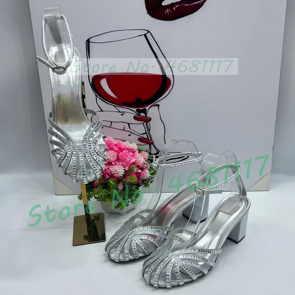 Crystal Caged Mid Block Heel Satin Sandals Women Metallic Leather Luxury Feminine Shoes Ladies Summer Ankle Strap Evening Shoes
