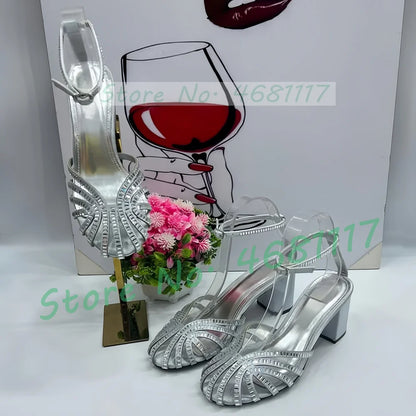 Crystal Caged Mid Block Heel Satin Sandals Women Metallic Leather Luxury Feminine Shoes Ladies Summer Ankle Strap Evening Shoes