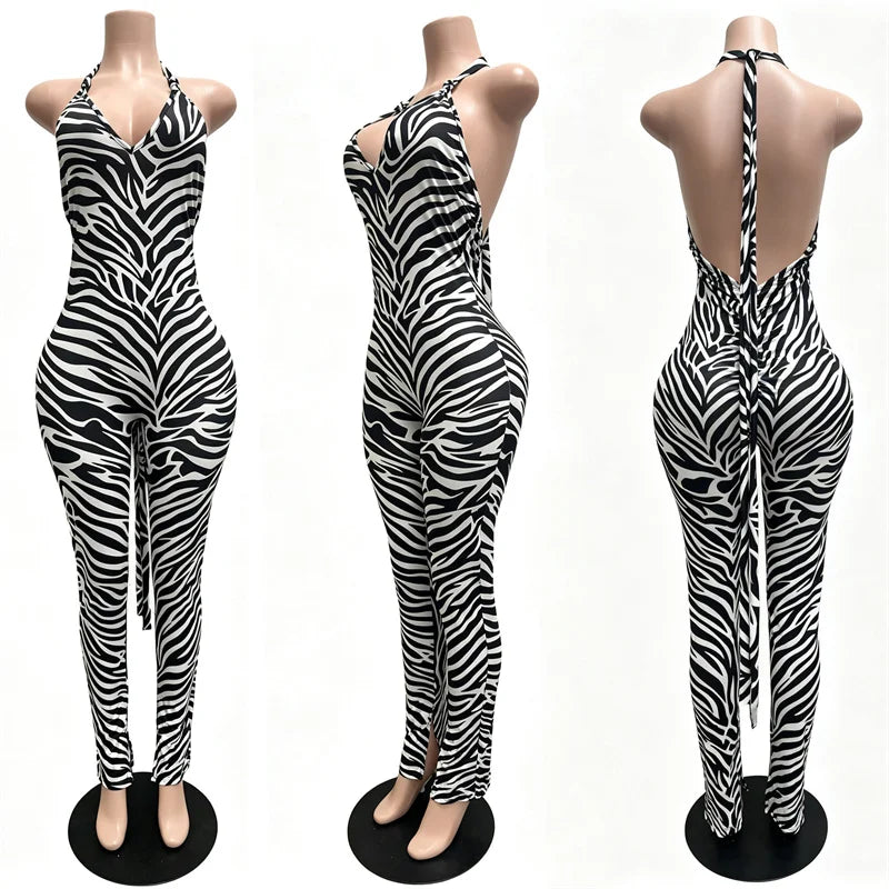 Sexy Halter Backless Bandage Jumpsuit Woman Slim V Neck Leopard Zebra Printed Jumpsuits Women Spring Summer Fashion Streetwear
