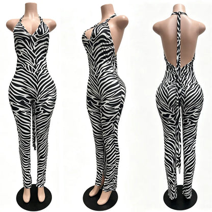 Sexy Halter Backless Bandage Jumpsuit Woman Slim V Neck Leopard Zebra Printed Jumpsuits Women Spring Summer Fashion Streetwear