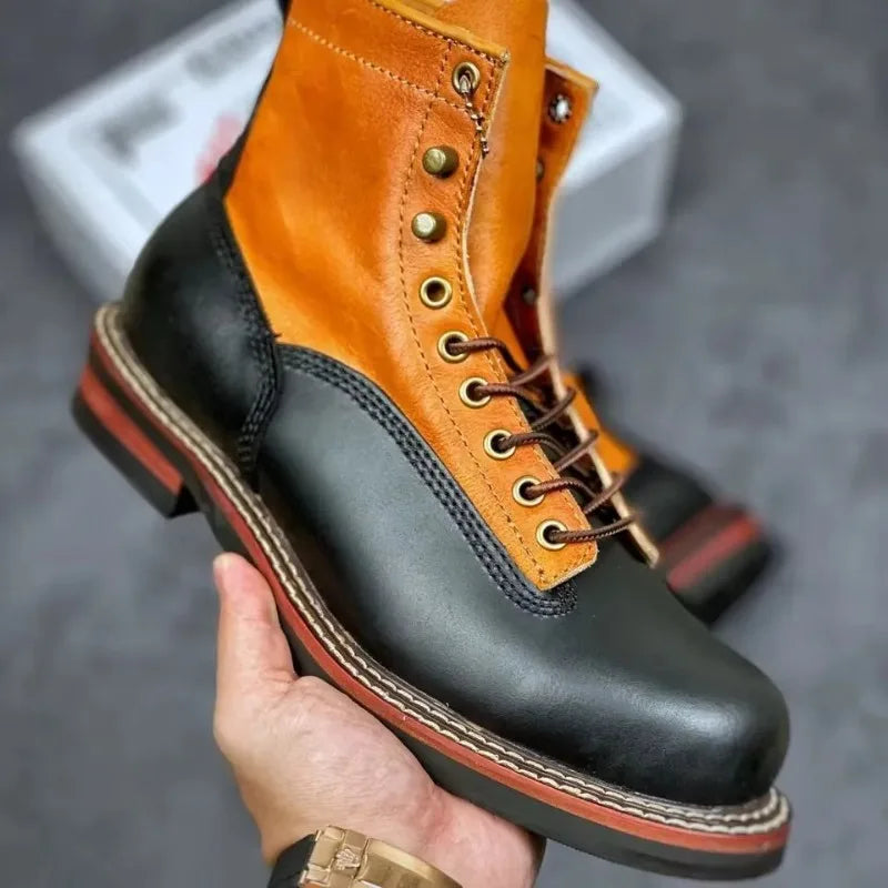 HOT Cowhide Men's Trekking Boot British Ankle Casual Sneakers Trekking Shoes Thick Soled High Top Motorcycle Boots