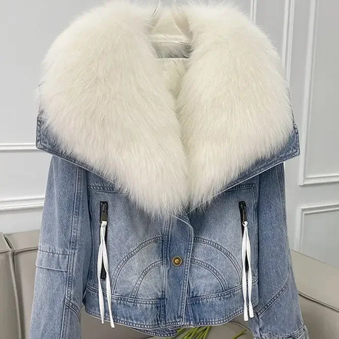 Winter Thickened Short Denim Jacket Fashion  Parkas Jeans Jacket Luxury Fur Coat Removable Fur Collar Cotton Jacket New