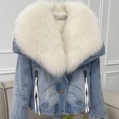 Winter Thickened Short Denim Jacket Fashion  Parkas Jeans Jacket Luxury Fur Coat Removable Fur Collar Cotton Jacket New