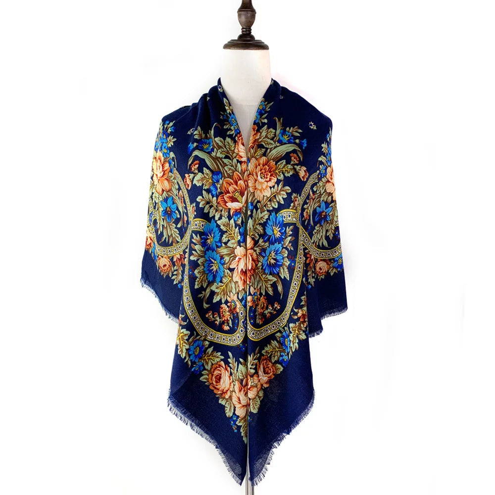 130×130cm Women's Shawl Scarves Thin Luxury Russian National Square Scarf Floral Print Breathable Ethnic Shawl Bandana Summer