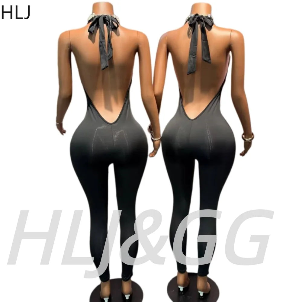 HLJ Black Sexy Deep V Halter Bodycon One Piece Jumpsuits Women Bandage Backless Slim Playsuits Fashion Club Overalls Clothing