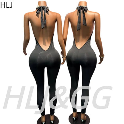HLJ Black Sexy Deep V Halter Bodycon One Piece Jumpsuits Women Bandage Backless Slim Playsuits Fashion Club Overalls Clothing