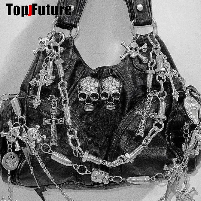 Women Y2K Girl Vintage Harajuku Full of Chains Gothic Rivet Spike Gothic One Shoulder Handbag Women’s Punk Tote Steampunk Bags