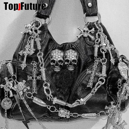 Women Y2K Girl Vintage Harajuku Full of Chains Gothic Rivet Spike Gothic One Shoulder Handbag Women’s Punk Tote Steampunk Bags