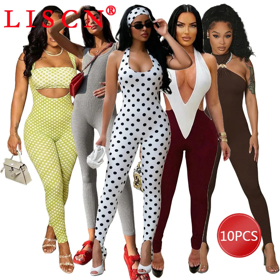 10 Wholesale Rompers Women Sleeveless Halter Lace Up Backless Jumpsuits Sexy Foot-pressing Y2k Fashion Clothing K17113