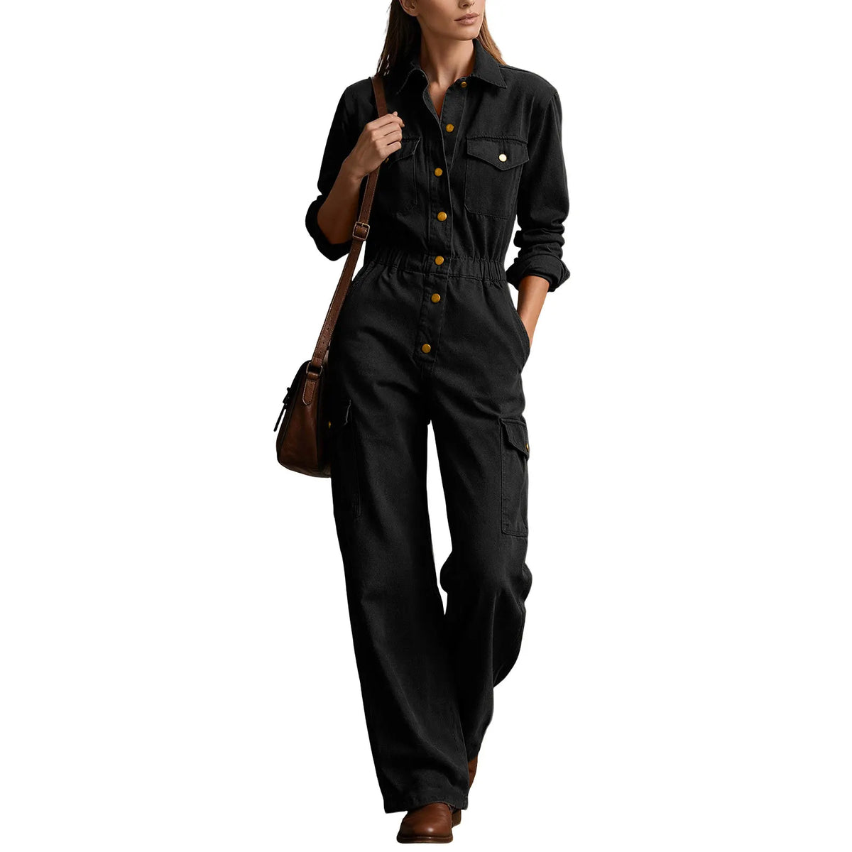 Casual Lapel Button High Waist Romper Autumn Fashion Lady Pocket Playsuits Overalls Vintage Long Sleeve Wide Leg Jumpsuits