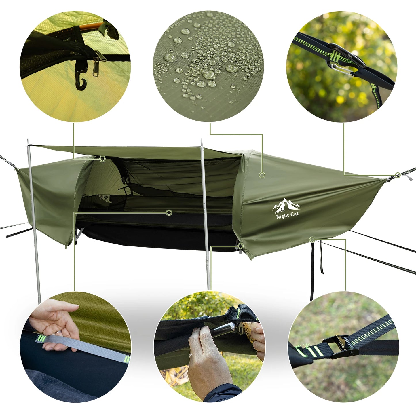 Night Cat Lay Flat Hammock: Flat Bottom with Mosquito Net Waterproof Rainfly for 1 Person Camping Hiking in Garden Backyard Wild