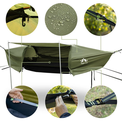 Night Cat Lay Flat Hammock: Flat Bottom with Mosquito Net Waterproof Rainfly for 1 Person Camping Hiking in Garden Backyard Wild