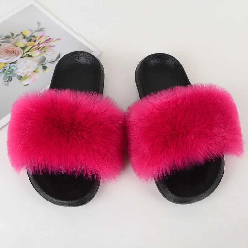Women's Summer Faux Fur Fox Fur Slippers Fashion Luxury Indoor and Outdoor Non-Slip Solid Color Flat Bottom Furry Sandals